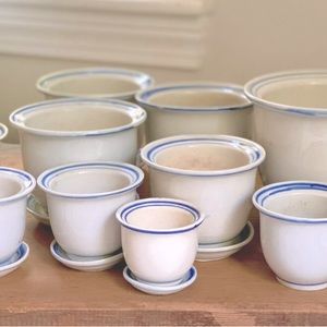 Vintage White & Blue Stripe Nesting Planter Pots With Saucers Set 19 Herb Pots